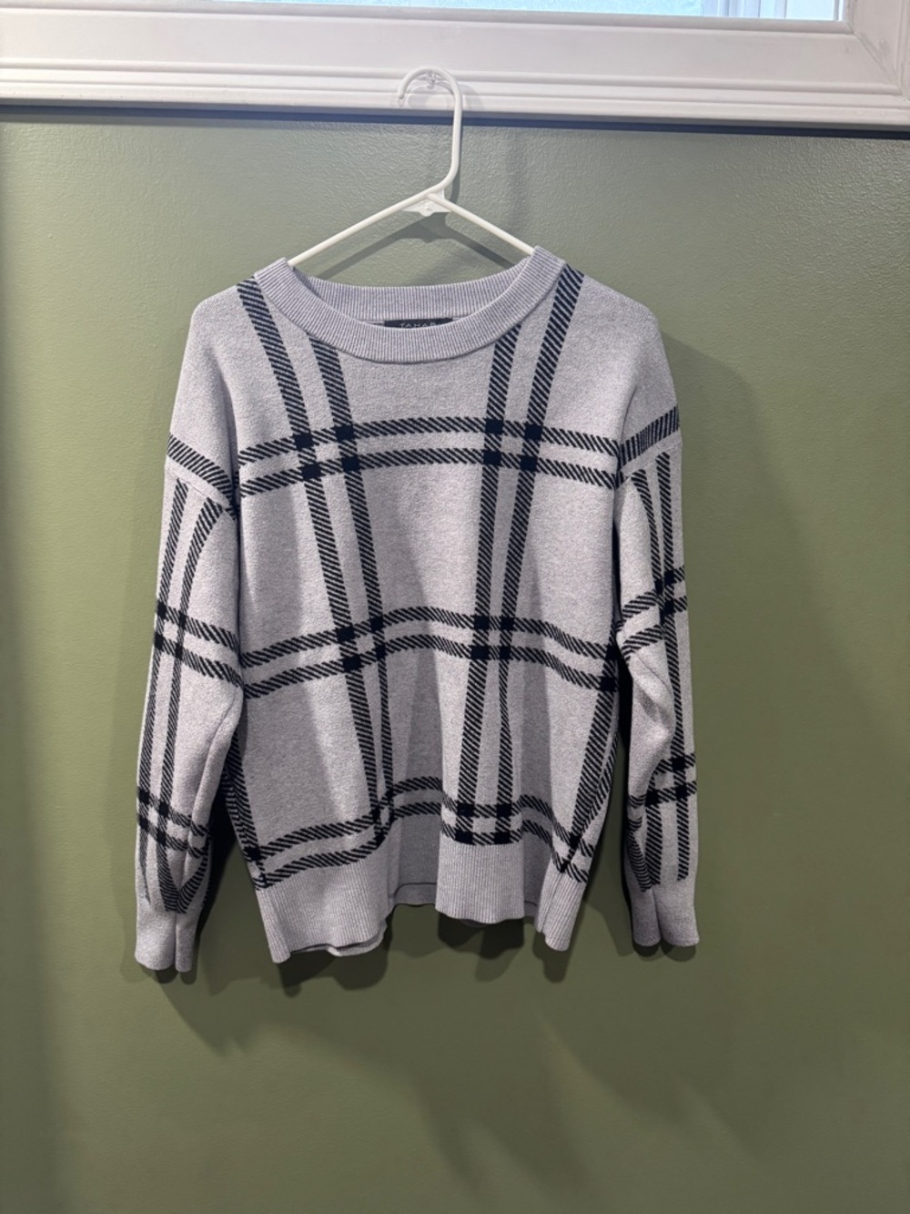 Tahari Womens Gray Plaid Sweater Ribbed Knit Crew Neck Large